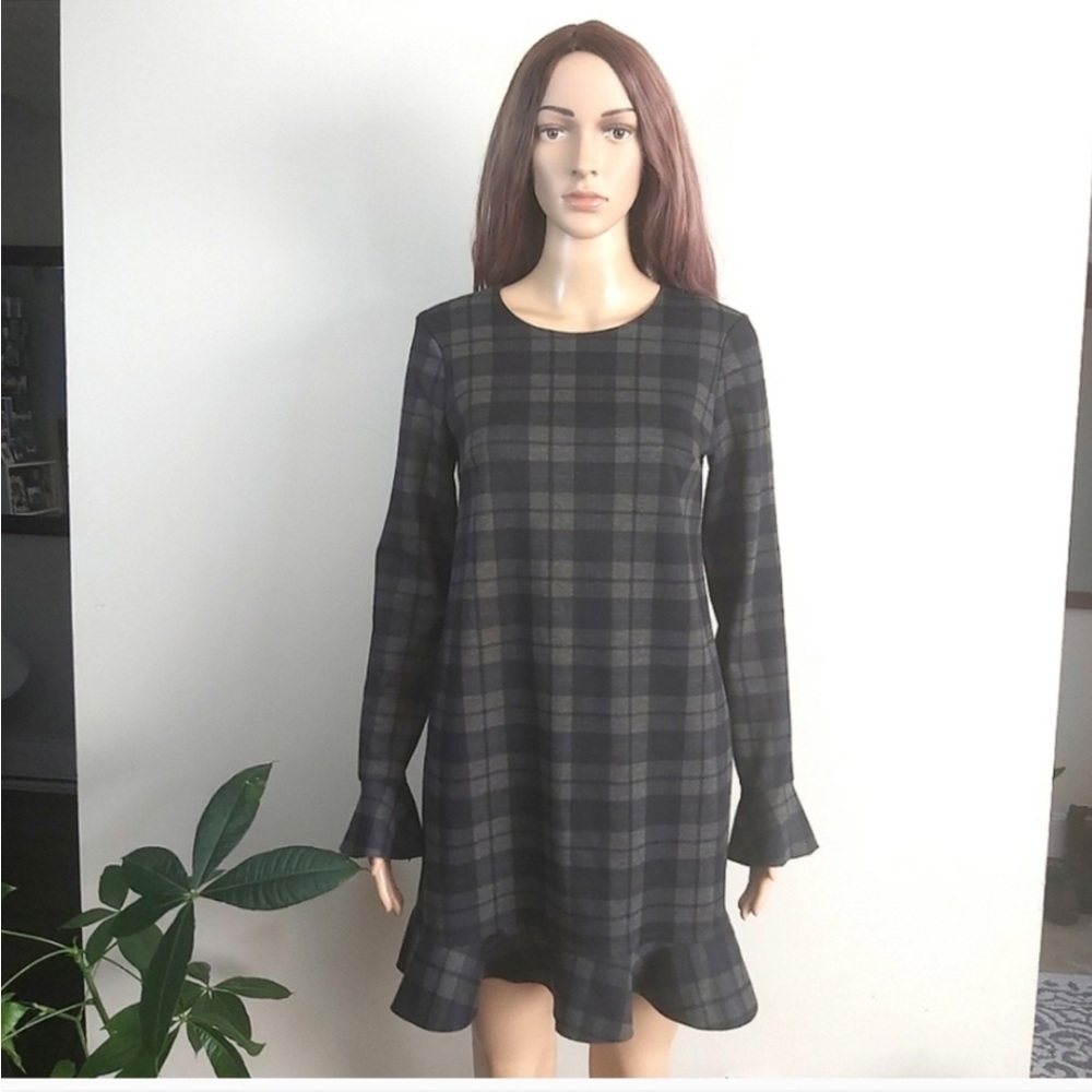 Zara dress Small Gray Black Plaid Midi Ruffles Long Sleeves